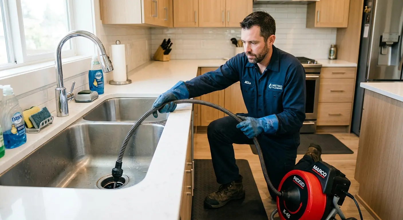 Drain cleaning technician using a motorized snake on a kitchen sink in Little River