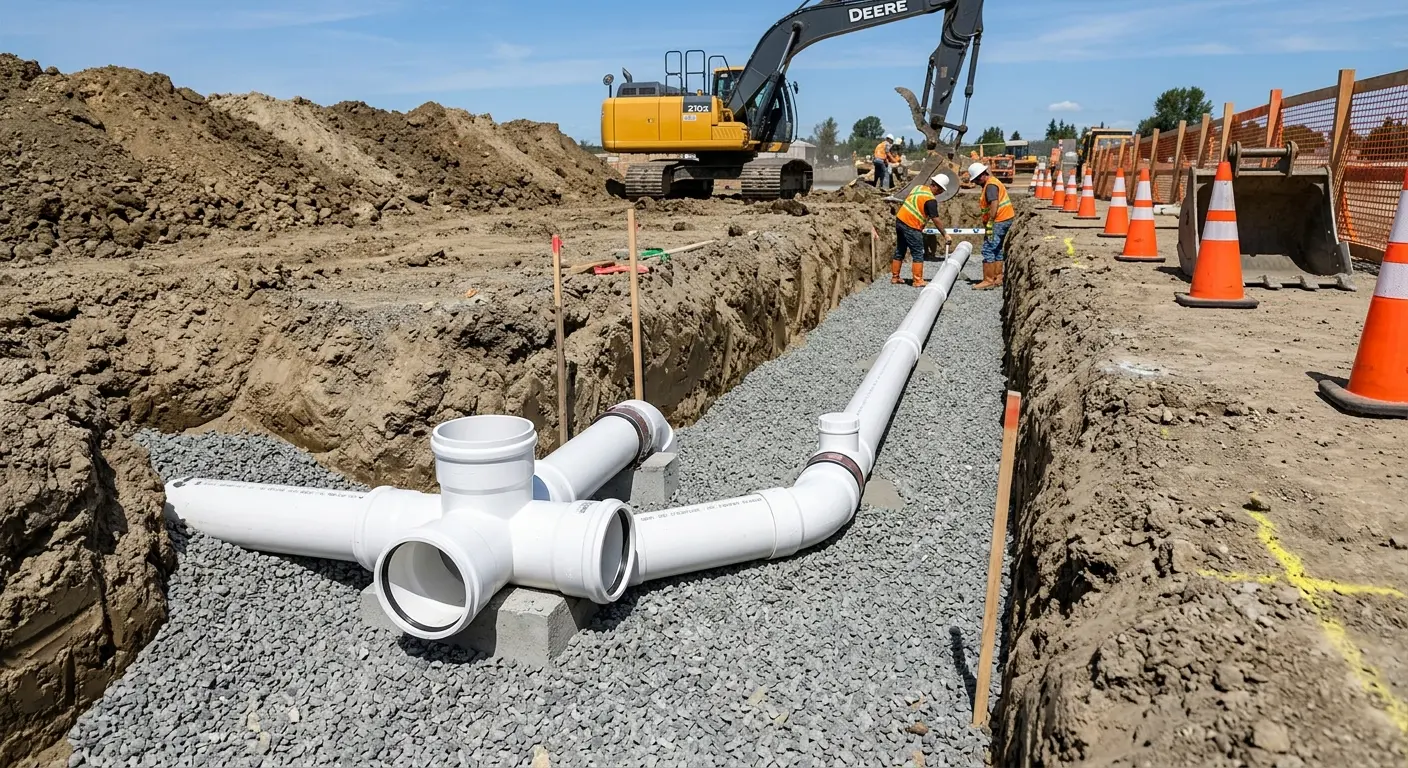 New PVC sewer pipe installation in open trench for Sewer Backup in Little River