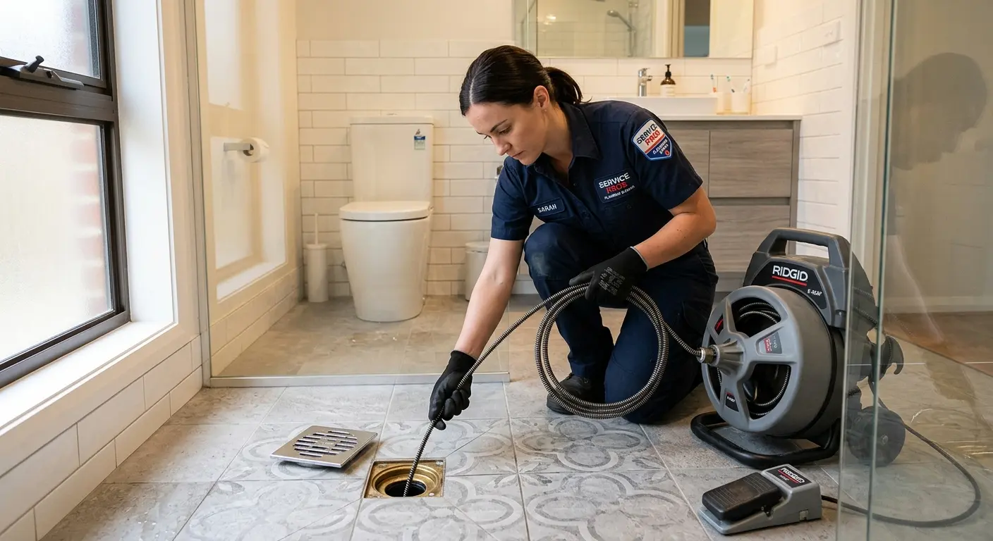 Technician clearing a bathroom floor drain for Hydro Jetting in Little River